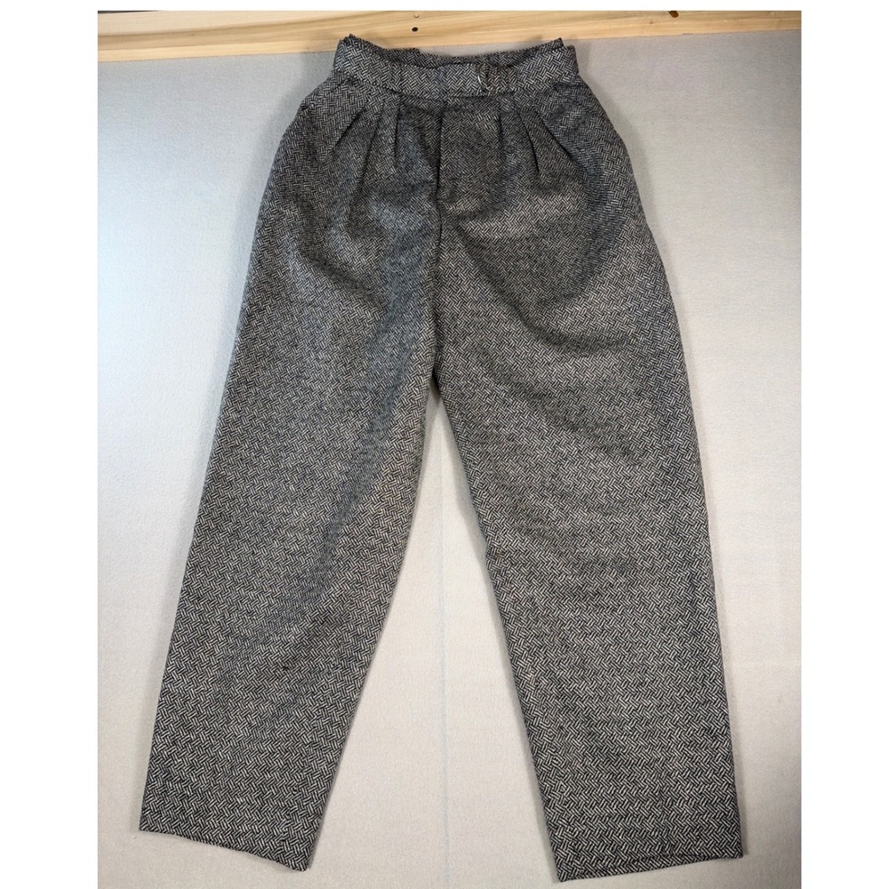 Jones New York Petite 100%‎ Pure Wool Herringbone Pleated Trousers Grey White 8P